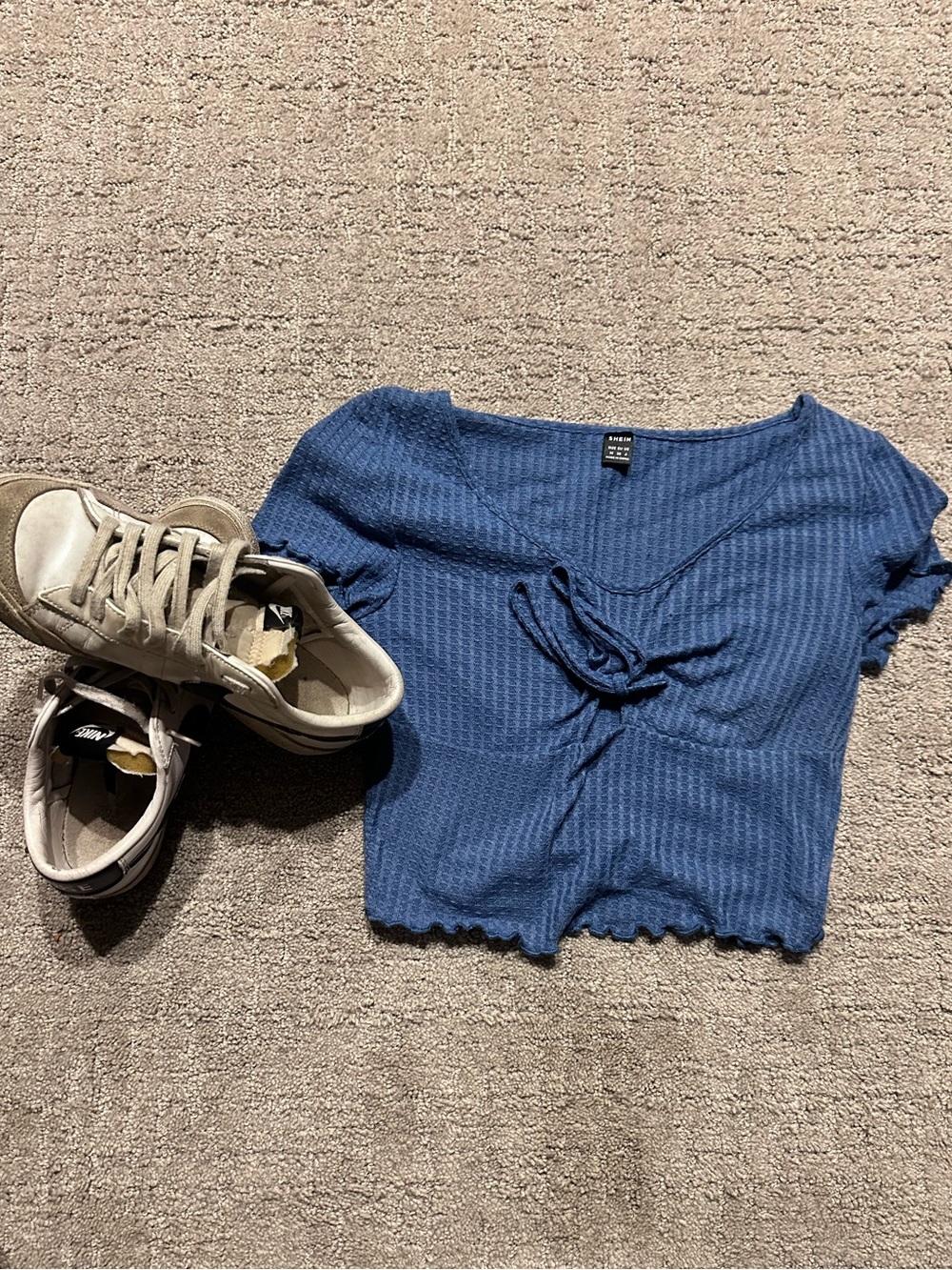 SHEIN Blue Waffle Knit Tie Front Crop Top Size M Cute Casual